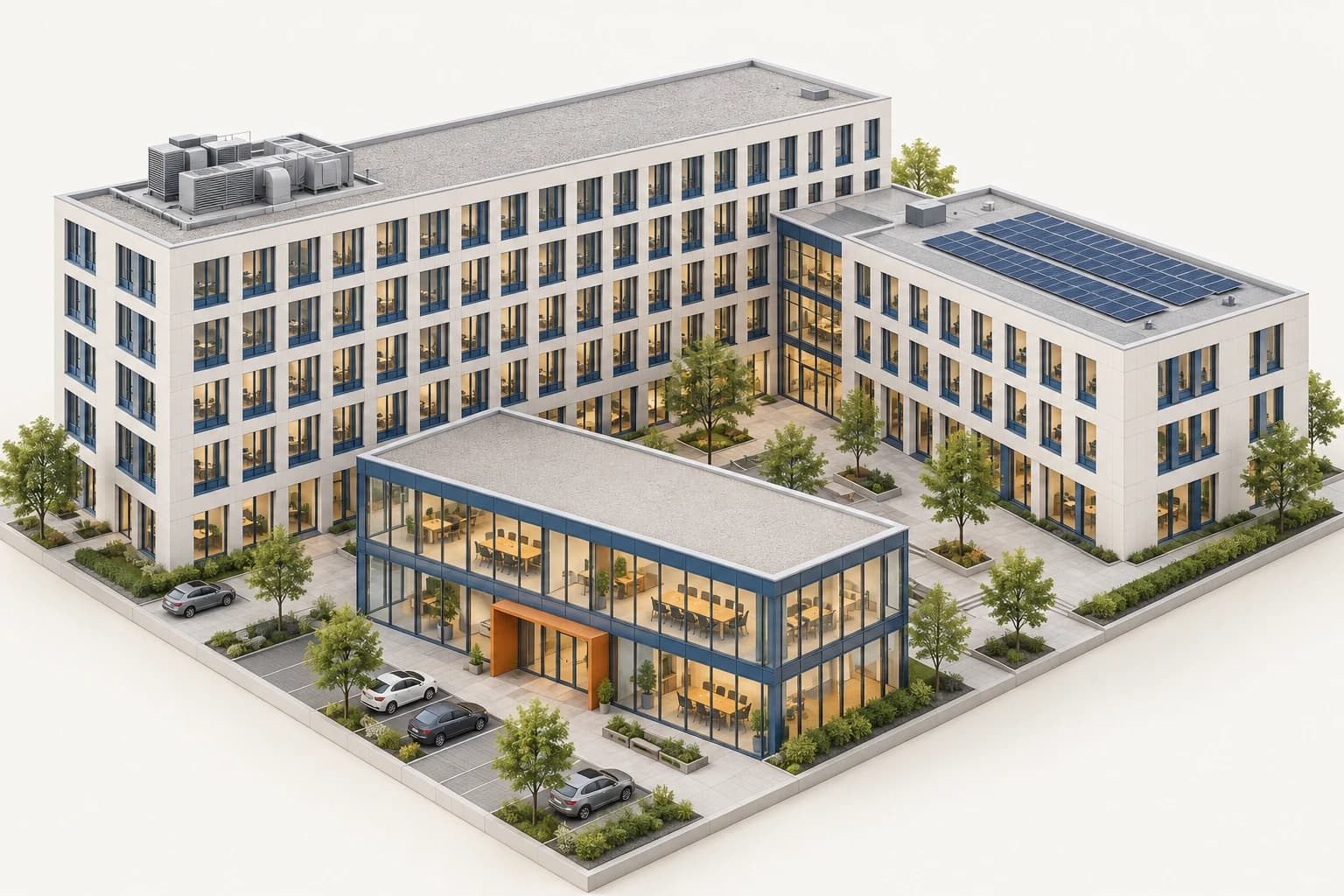Illustration eines großen Bürokomplexes mit mehrgeschossigen Gebäudeflügeln, verglastem Besprechungsbereich, Dachtechnik und Photovoltaik