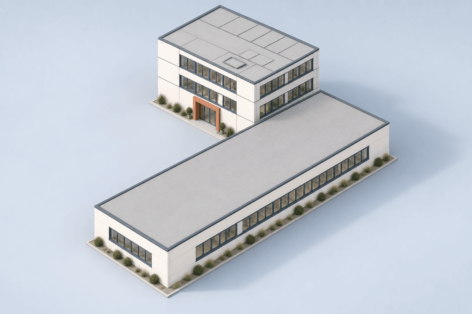 Büro und Gewerbehalle: Nutzungen getrennt bilanzieren. Dreigeschossiger Bürotrakt mit eingeschossiger Gewerbehalle, Werkstatt und Nebenräumen.