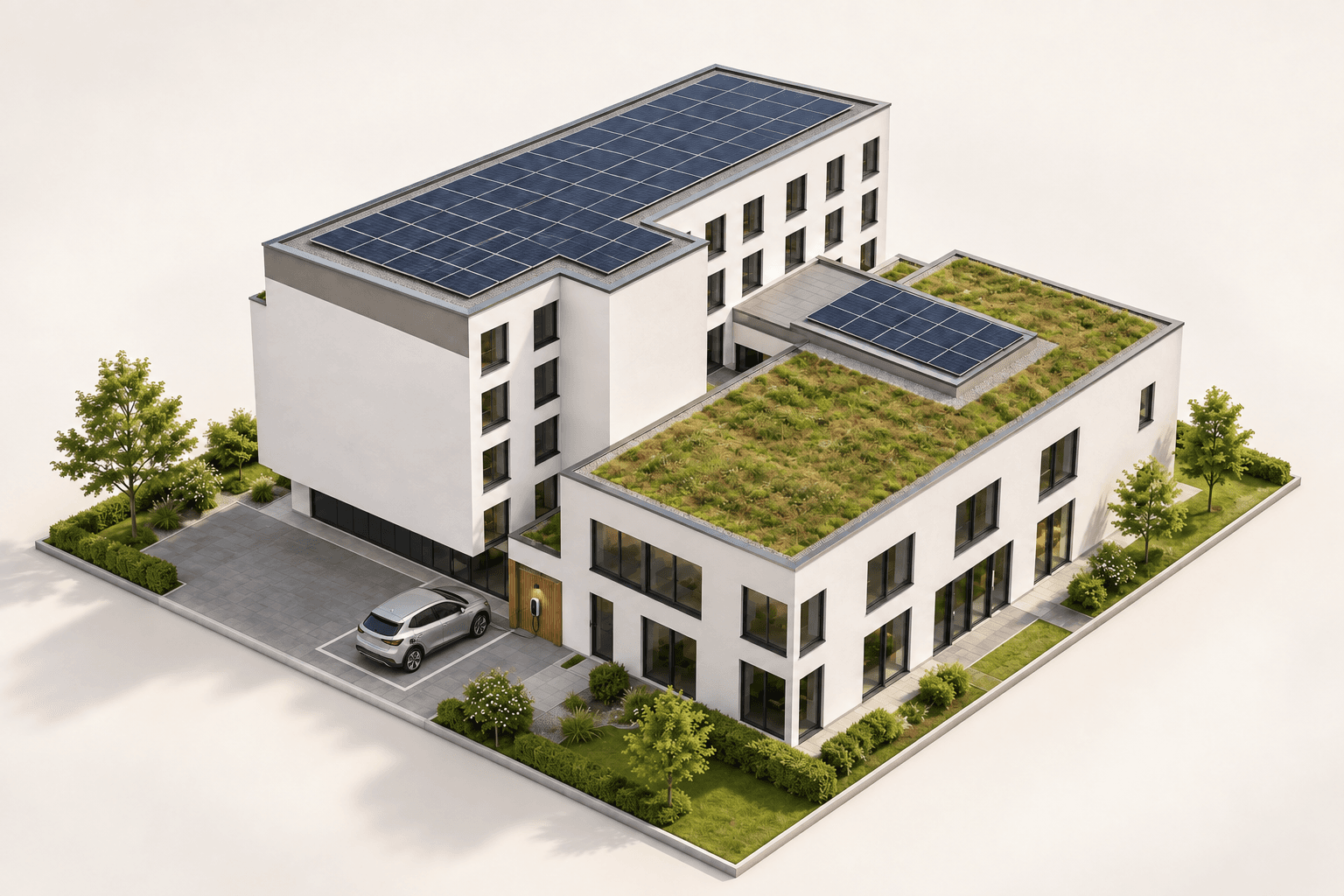 Gebäudekomplex mit unterschiedlichen Versorgungsbereichen. Mehrgeschossiges Hauptgebäude mit niedrigem Anbau und unterschiedlichen Nutzungs- und Lüftungsbereichen.