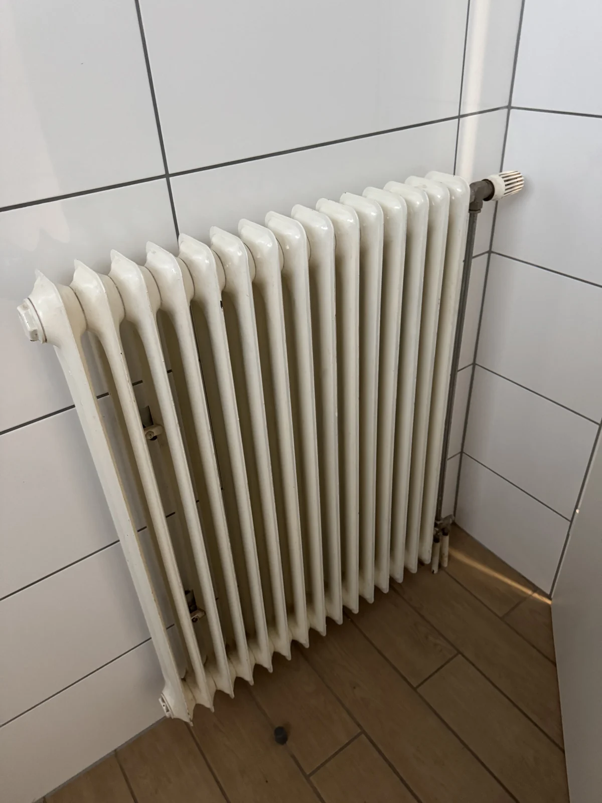 Gliederheizkörper vor einer gefliesten Wand in einem Vereinsgebäude