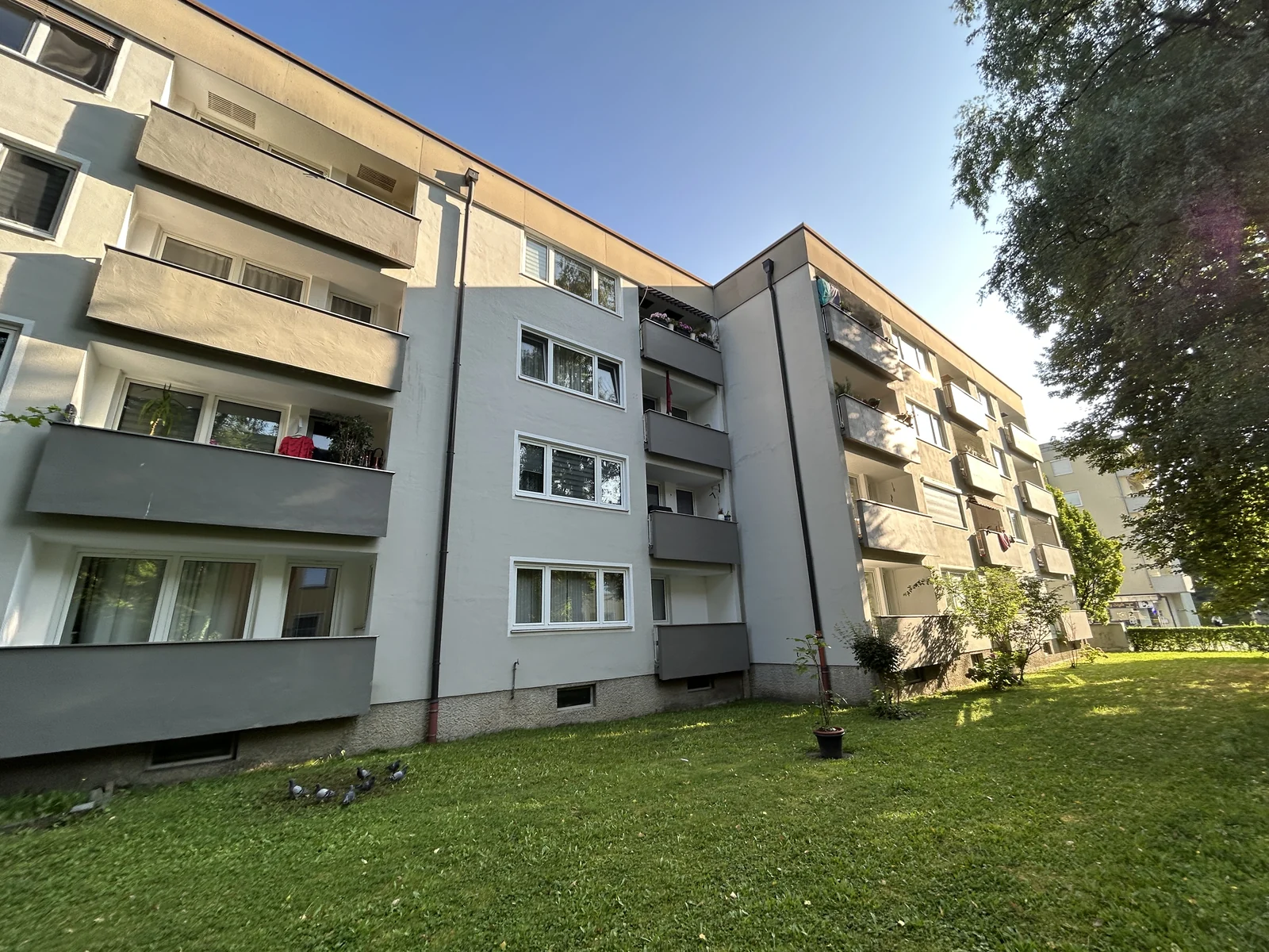 Mehrgeschossige Wohnanlage mit Balkonen, Fenstern und zusammenhängenden Fassaden