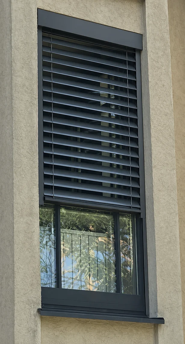 Visualisierung desselben Fensters mit einer außenliegenden, teilweise geschlossenen Jalousie